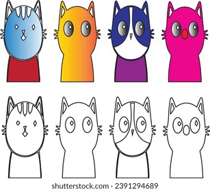  conjunto de iconos de silueta de contorno de la línea frontal de la cabeza del gato. Caricatura graciosa