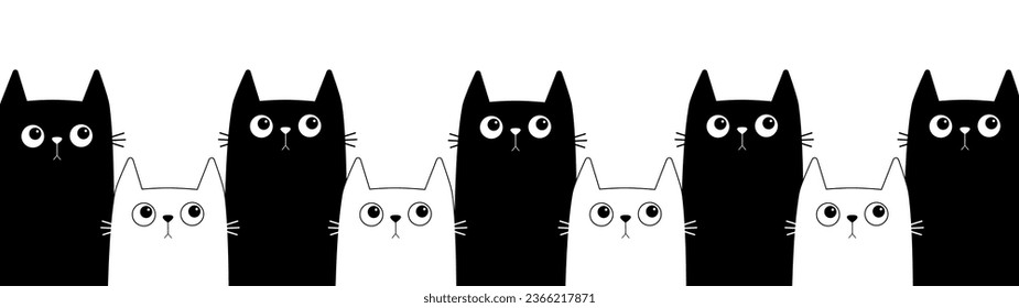 Cat head face line set. White black kitten pattern banner. Different size big small middle. Cats family. Cute cartoon funny character. Pet collection. Flat design. White background. Vector