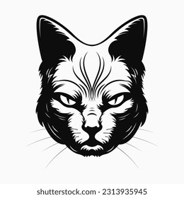 Cat head, face. Logo or mascot design. Black and white vector illustration