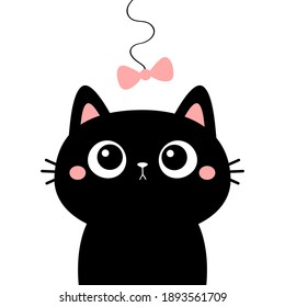 Cat head face looking at bow hanging on thread. Black sticker print. Cute cartoon funny character. Kawaii pet animal. Greeting card. Notebook cover template. Flat design. White background. Vector