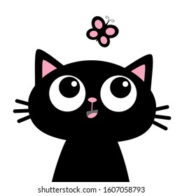 Cat head face looking at butterfly insect. Cute cartoon funny character. Black silhouette sticker print. Kawaii animal. Pet baby collection Kids greeting card. Flat design. White background. Vector