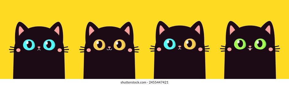 Cat head face set. Black silhouette icon. Kitten with big blue, green, yellow eyes. Cute cartoon funny pet character. Funny kawaii animal. Flat design. Pink ears, nose, cheek. Yellow background Vector