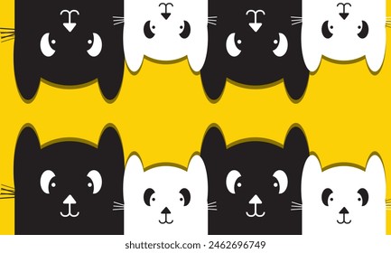 Cat head face set. Black silhouette icon. Kitten with big white eyes. Cute cartoon funny pet character. Funny kawaii animal. Flat design.  ears, nose, cheek. Yellow background Vector illustration.