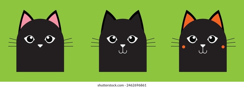 Cat head face set. Black silhouette icon. Kitten with big white eyes. Cute cartoon funny pet character. Funny kawaii animal. Flat design.  ears, nose, cheek. green background Vector illustration.