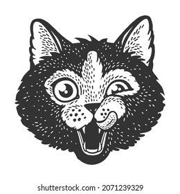 Cat head face sketch engraving vector illustration. T-shirt apparel print design. Scratch board imitation. Black and white hand drawn image.