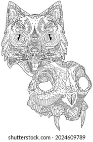 Cat Head Facing Front And Dead Feline Skull With Fangs Colorless Line Drawing. Large Kitten Heads Front Looking Coloring Book Page.