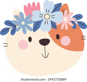 Cat Head With Floral Wreath Vector Illustration