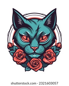Cat head with flower decoration vector clip art illustration