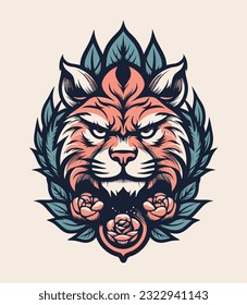 Cat head with flower decoration vector clip art illustration