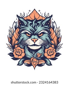 Cat head with flower decoration vector clip art illustration