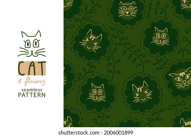 Cabeza de gato en un patrón sin costura. Repita un patrón interminable con la cara de un gato lindo. Tejas de doodle delineadas para el diseño textil, tejido, papel pintado. Ilustración del vector