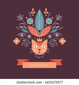 Cat head and flowers. Greeting or invitation card.  Banner, poster template. Birthday card. Flat design