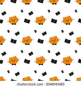Cabeza de gato con gafas y corbata de arco y libros. Patrón sin foco con un animal lectora, impresión divertida. Textura para textiles, tejidos, páginas web.