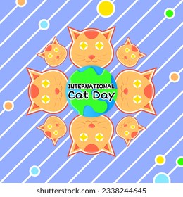 cat head, globe illustration for international cat day design. diagonal stripes pattern. flat, colorful, cheerful, modern concept. used for greeting card, poster, banner