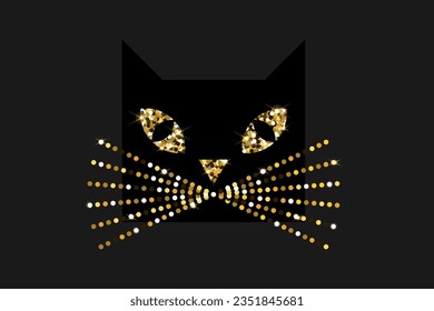 Cat head with golden whiskers, nose and eyes twinkling in the dark. Gold glitter on a black background. Vector background image