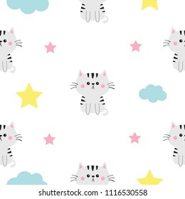 Cat head, hands. Cloud, star shape. Cute cartoon kawaii character. Baby pet collection. Seamless Pattern Wrapping paper, textile template. White background. Flat design. Vector illustration