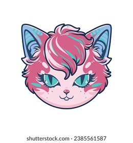 Cat head. A happy and satisfied cute kitten in a comic style. Vector illustration.