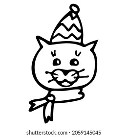 Cat head with hat and scarf in cartoon style. Festive childrens illustration for postcards, posters. Vector illustration
