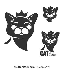 Cat head icon with crown isolated on white background. Design elements for logo, label, emblem, sign. Vector illustration.