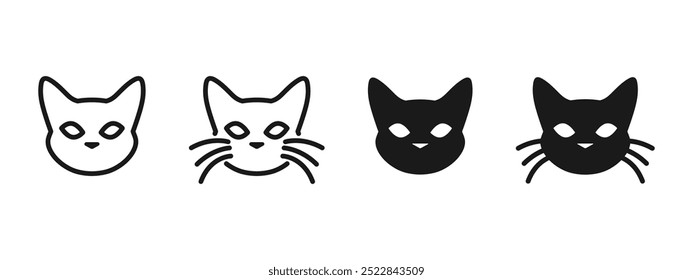 Cat head icon. Kitty face vector illustration. Kitten with whisker symbol. Pet with mustache sign. Black cat logotype. Kitten head silhouette. Black kitty with white eyes graphic logo design isolated.