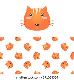 Cat Head Icon And Seamless Decorative Pattern In Childish Style  Flat Vector Print On White Background