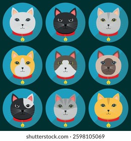 Cat Head Icons - 9 Variations of Breeds and Colors.
