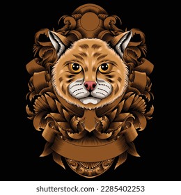 cat head illustration with baroque ornament