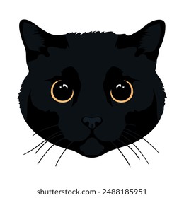 Cat head isolated on white background. Feline face. Black cat with big yellow eyes. Realistic style. For stickers, t shirts, mugs, design