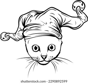 Cabeza de gato con ilustración vectorial de sombrero de broma en estilo monocromo vintage aislado en fondo blanco