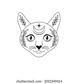 Cat head in line art style with crescent moon and plants on white background. Temporary tattoo for kids.