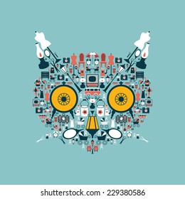 Cat head made from retro icons. Stylized animal shape.