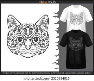 Cat head mandala arts isolated on black and white t-shirt.