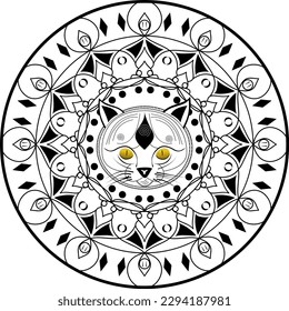 Cat head mandala. Circle in Sanskrit. Symbol of healing and spirituality. Hinduists. Buddhists. Concentration of meditative practice