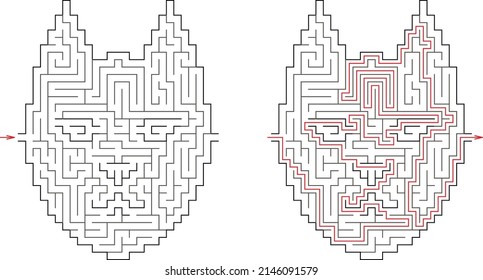 Cat head maze. Difficult vector labyrinth with entry and exit. Riddle with solution - red passing route. Logic game for brain training isolated on white background.