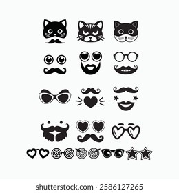 Cat head, mustache, glasses, hipster, silhouette icons set vector illustration.