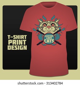 Cat head on abstract decorative background with text "Everyone likes cats"  t-shirt print design