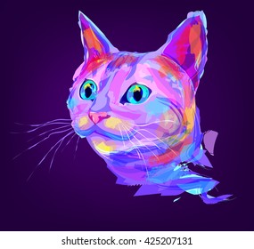 The cat head on black background. Retro design graphic element. This is illustration ideal for a mascot and tattoo or T-shirt graphic. Stock illustration