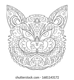 Cat head on a white background. Print. Zen doodles. Vector illustration