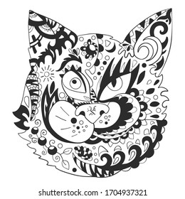 Cat head on a white background. Print. Zen doodles. Vector illustration