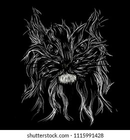 The cat head is painted white and gray. Head of a fluffy cat on a black background. A painted portrait of a cute cat. An animal, a kitten, a draft of domestic animals.  vector illustration Cat tattoo.