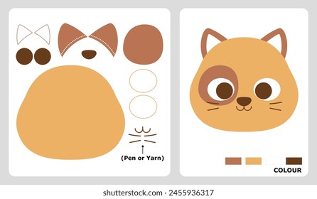 Cat head pattern for kids crafts or paper crafts. Vector illustration of kitten puzzle. cut and glue patterns for children's crafts.