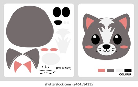 Cat head pattern for kids crafts or paper crafts. Vector illustration of kitten puzzle. cut and glue patterns for children's crafts.