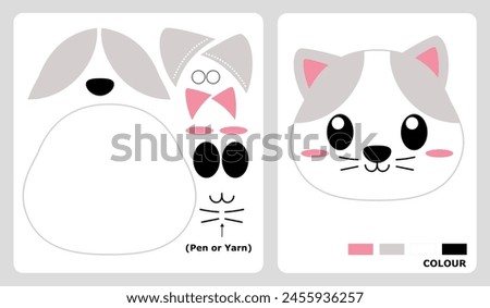 Cat head pattern for kids crafts or paper crafts. Vector illustration of kitten puzzle. cut and glue patterns for children's crafts.