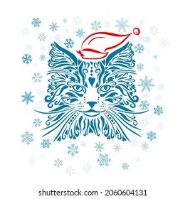 Cat head pattern. Winter cat. Snowflakes. Vector illustration