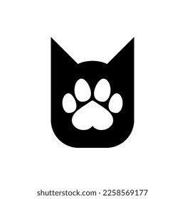 Cat head with paw print. Vector logo and icon. Black silhouette.