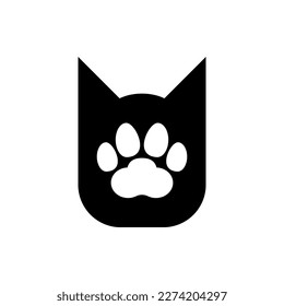 Cat head with paw print. Vector logo and icon. Black silhouette.