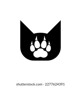 Cat head with paw print. Vector logo and icon. Black silhouette.