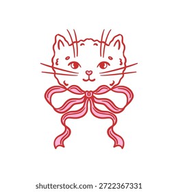 Cabeça de gato com arco de fita rosa. Ilustração de vetor de contorno desenhado à mão em cores vermelhas e rosadas. Bela decoração animal e presente conceito.