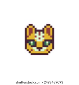 Cat head pixel art character, Cartoon animal kitty design for logo, web, mobile app, badges and patches, embroidery, 8-bit sprite. Isolated on white background vector illustration. 