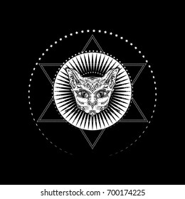 Cat head portrait the background of stars. Ideal Halloween decor, tattoo art, Egyptian, spirituality, boho design. Perfect for print, posters, t-shirts and textiles. Vector illustration. Totem animal.